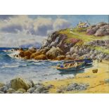 WARREN WILLIAMS ARCA watercolour - busy coastal scene at Cemaes, Anglesey with fishermen, boats