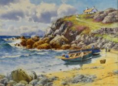 WARREN WILLIAMS ARCA watercolour - busy coastal scene at Cemaes, Anglesey with fishermen, boats