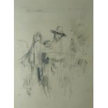 AUGUSTUS JOHN print - sketch of three figures and a child, 39 x 29cms