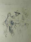 AUGUSTUS JOHN print - sketch of three figures and a child, 39 x 29cms