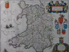 J BLAEU a coloured and tinted map of Wales, mounted but unframed, 40 x 52cms