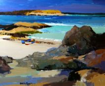 DONALD McINTYRE acrylic - beach scene with rocky outcrops and two rowing boats, entitled verso '