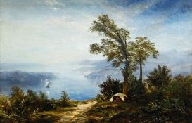 RICHARD SEBASTIAN BOND oil on canvas - an historical scene of the Menai Straits and the Suspension