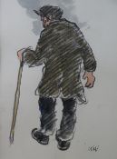SIR KYFFIN WILLIAMS RA watercolour and pencil - standing farmer with stick, signed with initials,