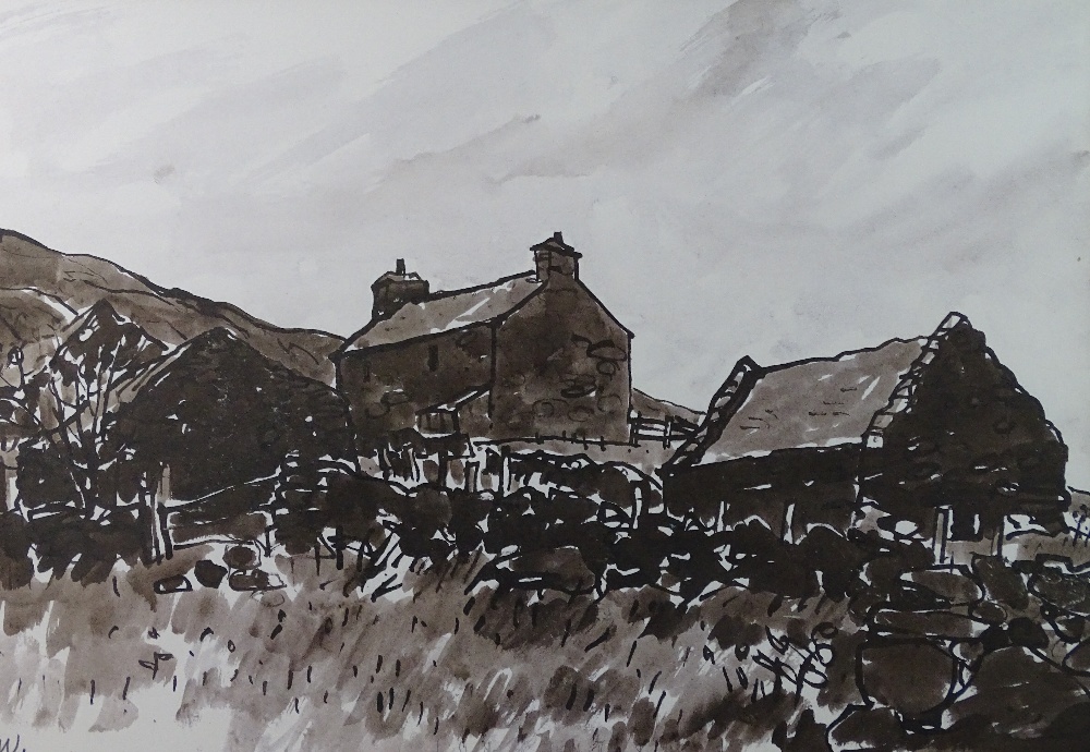 SIR KYFFIN WILLIAMS RA artist proof colourwash print - hillside farmstead, signed in full, 36 x