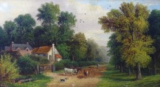 J MORRIS oil on canvas - late 19th Century rural scene with farmstead and cattle, drover and dog