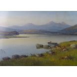 WARREN WILLIAMS ARCA watercolour - Llyn Mymbyr and the Snowdon Horseshoe with fisherman in his