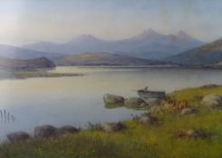 WARREN WILLIAMS ARCA watercolour - Llyn Mymbyr and the Snowdon Horseshoe with fisherman in his