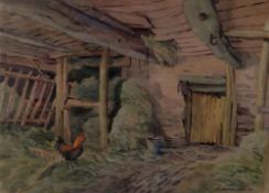 ARTHUR MILES watercolour - interior of barn with cockerel, entitled verso 'Barn near Hay-on-Wye',