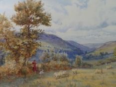 FREDERICK J KNOWLES watercolour - rural scene with grazing sheep and woman and child by a stile,