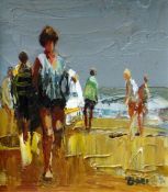 DONALD McINTYRE oil on board - figures on a beach entitled verso, 'Bathers', signed with initials,