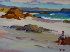 DONALD McINTYRE oil/acrylic - rocky coastal scene with seated figure, signed with initials and