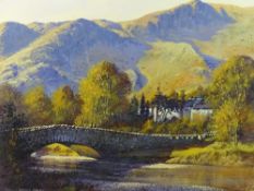 DENNIS OAKES watercolour - bridge over the Dyfi at Machynlleth with figures and a mountain backdrop,