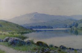 JOHN McDOUGAL watercolour - peaceful Welsh lake scene with farmstead, signed, 38 x 58cms