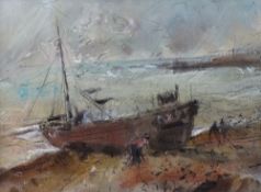 WILLIAM SELWYN watercolour - beached trawler, signed, 29 x 39cms