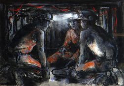 VALERIE GANZ mixed media - three crouching miners in conversation by torchlight, entitled verso '
