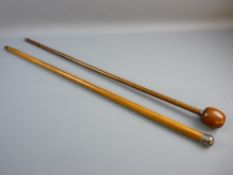 A HALLMARKED SILVER TOP MALACCA WALKING CANE with one other, 92 cms long and the other having an