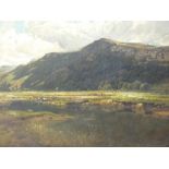 UNATTRIBUTED OIL ON CANVAS - wetlands scene with river to the foreground and cattle grazing, rocky