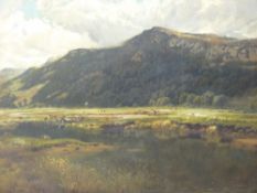 UNATTRIBUTED OIL ON CANVAS - wetlands scene with river to the foreground and cattle grazing, rocky
