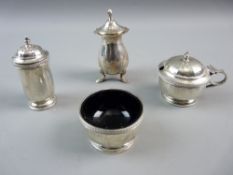 A SET OF THREE SILVER CONDIMENTS, Bristol blue glass liner to salt pot only, 2.9 troy ozs,