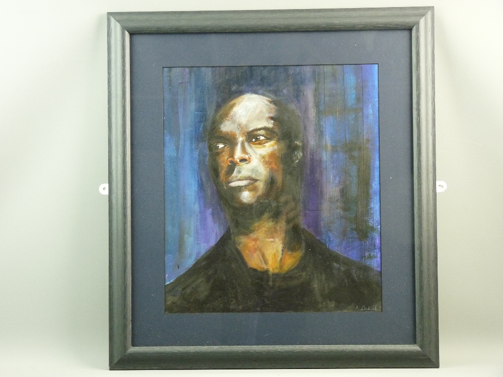 ANN CHADWICK mixed media - a powerful head and shoulders portrait of the musician Seal, signed, 43 x