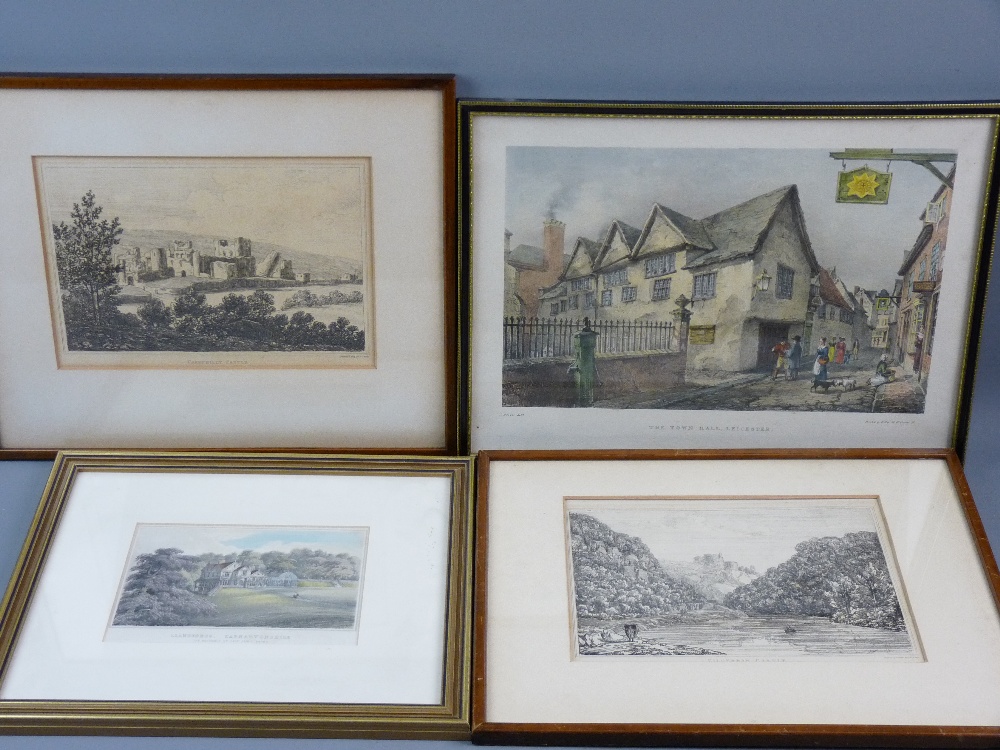 A PARCEL OF FOUR ENGRAVINGS - Cilgerran Castle, Caerphilly Castle, The Town Hall, Leicester and