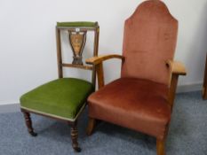 AN INLAID ROSEWOOD SIDE CHAIR and an upholstered oak armchair