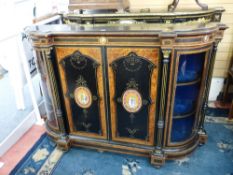 A VICTORIAN EBONIZED WALNUT AND BOX STRUNG CREDENZA with gilt metal mounts and painted porcelain