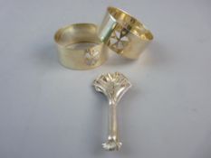 A SILVER WELSH LEEK BROOCH, 8.2 grms and a pair of delicate Maltese silver serviette rings, 1.1 ozs