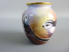 A MOORCROFT ENAMEL SMALL BALUSTER VASE depicting an all round scene of Long Tailed Tits and also a