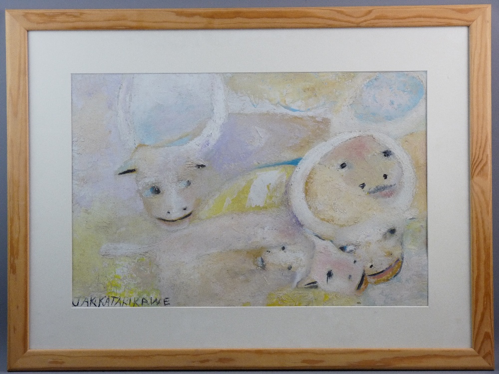 JAK KATARAKAWE (of Nairobi) mixed media - humorous depiction of sheep, signed and entitled 'Happy