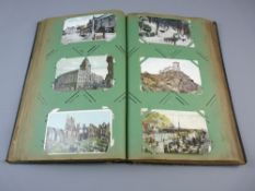 A VINTAGE ALBUM OF TWO HUNDRED & FIFTY PLUS POSTCARDS including street scenes with trams,