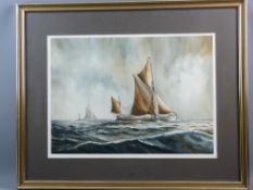 BRIAN ENTWISTLE watercolour - two sailing boats in squally seas, signed and dated 1984, 37 x 52 cms