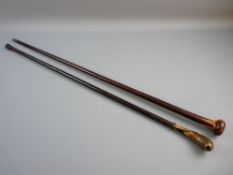 TWO DECORATIVE VINTAGE WALKING CANES with multi-wood grips, 84 and 86 cms long