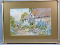 JOHN ABERNETHY LYNAS GRAY watercolour - thatched cottage scene with floral bedecked garden,