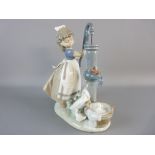 A LLADRO FIGURAL GROUP of a young girl cranking a water pump having a duck with ducklings in a water