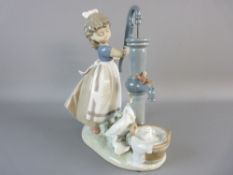 A LLADRO FIGURAL GROUP of a young girl cranking a water pump having a duck with ducklings in a water