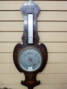 A VICTORIAN INLAID ROSEWOOD BANJO BAROMETER with thermometer, 84 x 31 cms