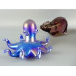 A KRIS HEATON ART GLASS OCTOPUS in iridescent blue with pearl ware bubbles, inscribed to the base 'K