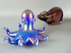 A KRIS HEATON ART GLASS OCTOPUS in iridescent blue with pearl ware bubbles, inscribed to the base 'K