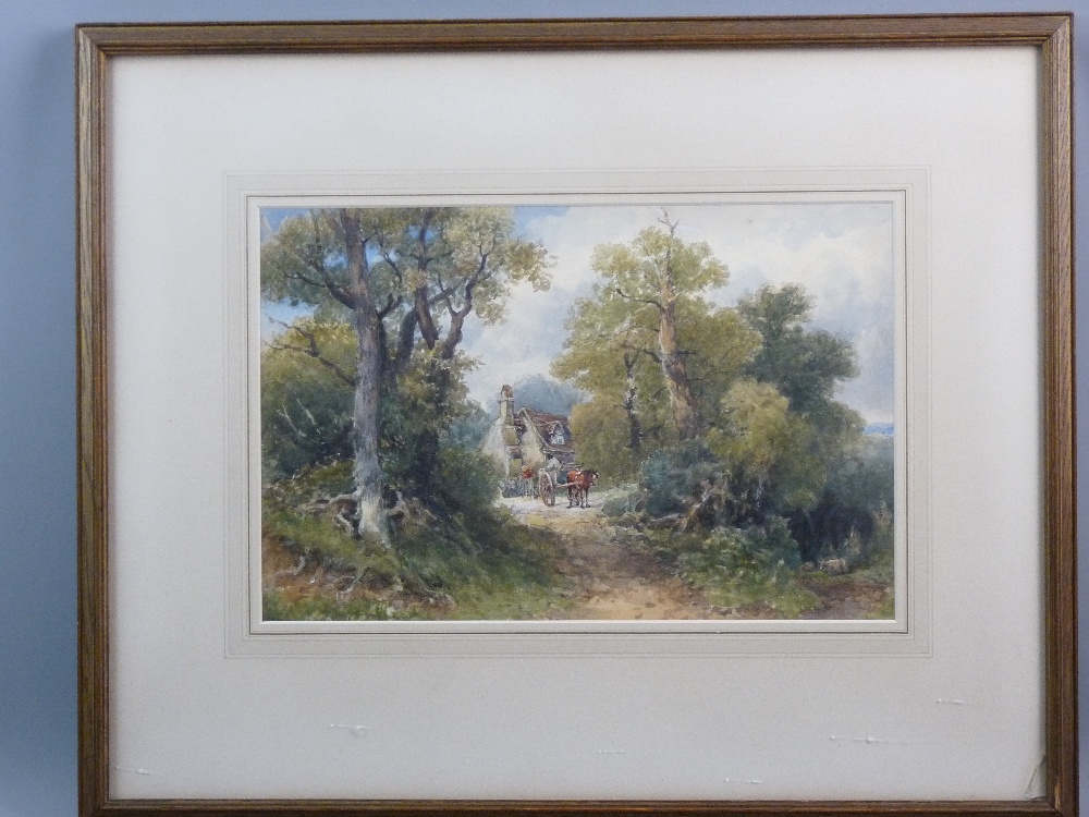 JOSIAH WOOD WHYMPER watercolour - rural scene with cottage and figures with horse and trap,