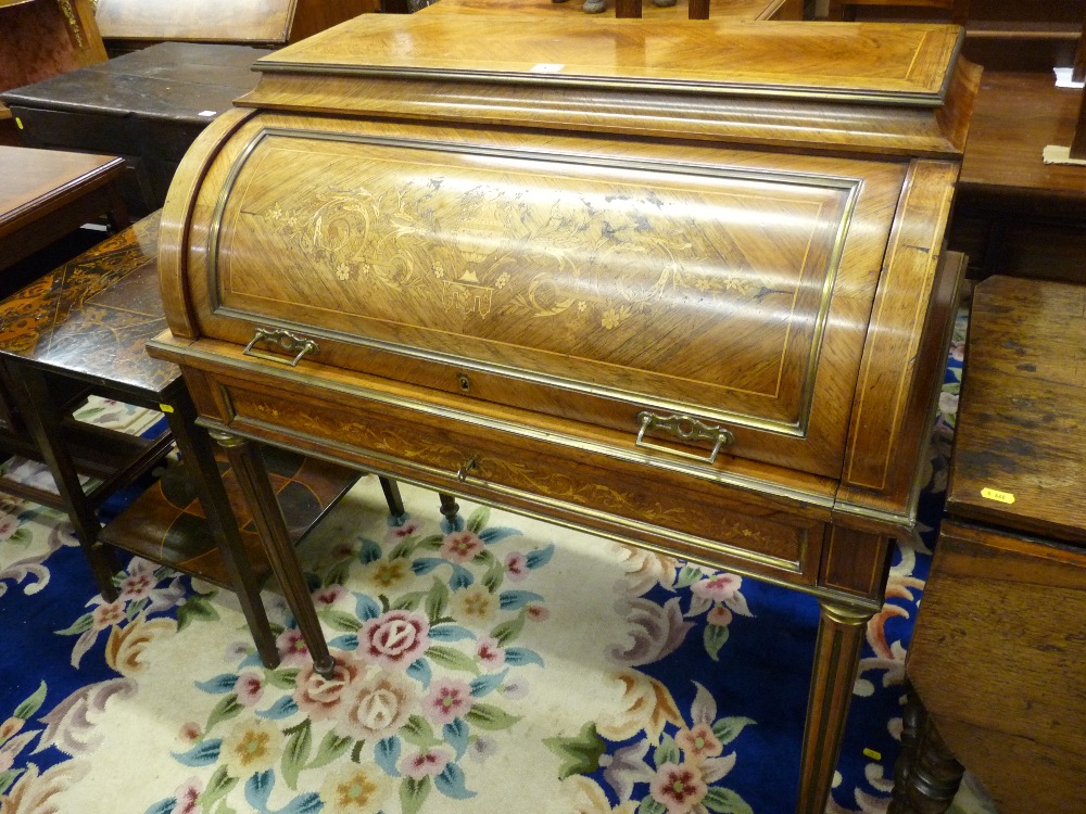 AN EMPIRE STYLE ROSEWOOD CYLINDER FRONT WRITING DESK, quarter cut, crossbanded and boxwood line