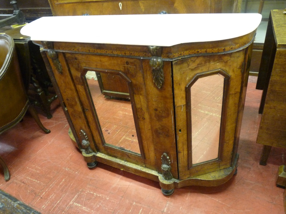 A VICTORIAN INLAID WALNUT CREDENZA with marble top and mirrored panel doors, 89 x 120 cms (for