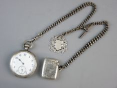 A SILVER CASED OPEN FACED POCKET WATCH AND ALBERT with attachments, the white enamel dial set with
