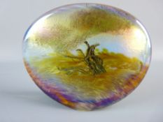 A JOHN DITCHFIELD PEBBLE GLASFORM PAPERWEIGHT with iridescent etched design, inscribed to the