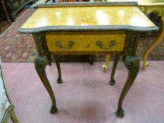 A REPRODUCTION BURR WALNUT LOWBOY with carved moulding, single frieze drawer with brass swing