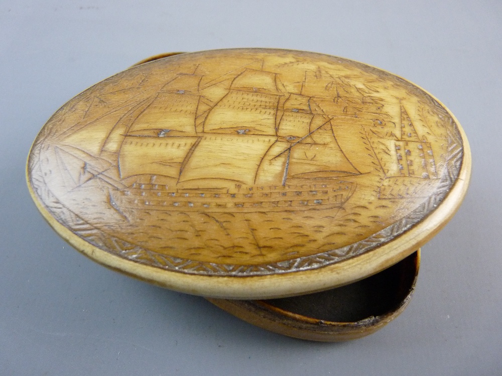 AN OVAL HORN SGRAFFITO SNUFF BOX with authentic scene of a threemaster and a church tower and with