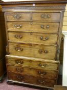 A VICTORIAN MAHOGANY CHEST ON CHEST having an inverted cornice with Greek Key decoration over a