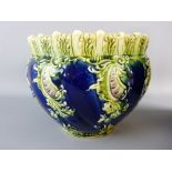 A VICTORIAN MAJOLICA POTTERY JARDINIERE, relief decorated on a cobalt ground, marked 'Albert' to the