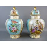 A LARGE PAIR OF DRESDEN OVOID FORM VASES with covers, late 19th/early 20th Century, the domed covers